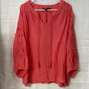 Zac & Rachel Women's Coral Blouse with Lace Sleeves 2X Plus size